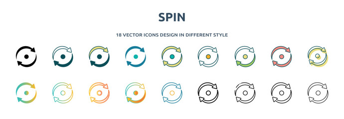 Poster - spin icon in 18 different styles such as thin line, thick line, two color, glyph, colorful, lineal color, detailed, stroke and gradient. set of spin vector for web, mobile, ui