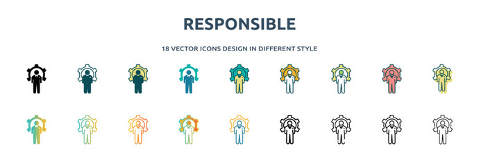 responsible icon in 18 different styles such as thin line, thick line, two color, glyph, colorful, lineal color, detailed, stroke and gradient. set of responsible vector for web, mobile, ui