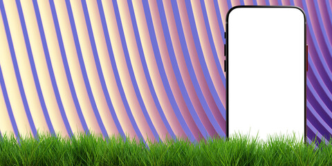 Poster - Phone mock up. Smartphone on purple. Phone with white screen peeks out grass. Mock up for application. Mobile offer. Abstract lines behind phone. Smartphone mock up. Panoramic composition. 3d image
