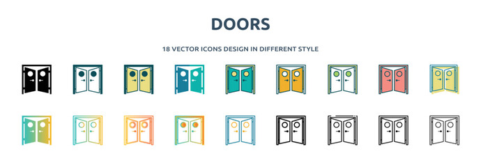 Poster - doors icon in 18 different styles such as thin line, thick line, two color, glyph, colorful, lineal color, detailed, stroke and gradient. set of doors vector for web, mobile, ui