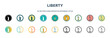 liberty icon in 18 different styles such as thin line, thick line, two color, glyph, colorful, lineal color, detailed, stroke and gradient. set of liberty vector for web, mobile, ui
