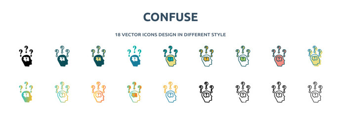 Poster - confuse icon in 18 different styles such as thin line, thick line, two color, glyph, colorful, lineal color, detailed, stroke and gradient. set of confuse vector for web, mobile, ui