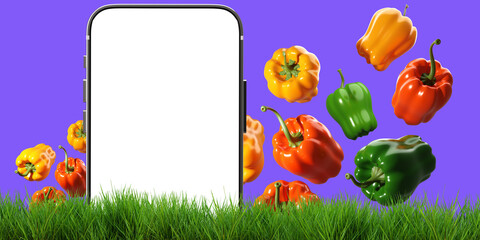 Poster - Sweet pepper. Phone with white screen. Vegetable concept. Sweet pepper in different colors. Mobile phone template. Pepper on purple. Preparing phone for vegetarian offer. 3d rendering.
