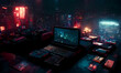 cyberpunk room at night, open laptop on desktop, lot of details around, digital art