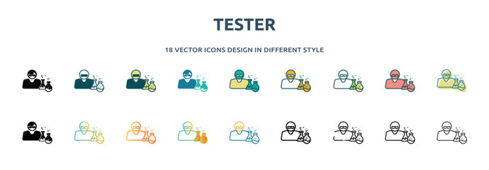 Poster - tester icon in 18 different styles such as thin line, thick line, two color, glyph, colorful, lineal color, detailed, stroke and gradient. set of tester vector for web, mobile, ui