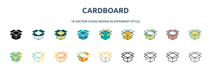 Poster - cardboard icon in 18 different styles such as thin line, thick line, two color, glyph, colorful, lineal color, detailed, stroke and gradient. set of cardboard vector for web, mobile, ui