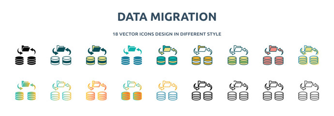 Poster - data migration icon in 18 different styles such as thin line, thick line, two color, glyph, colorful
