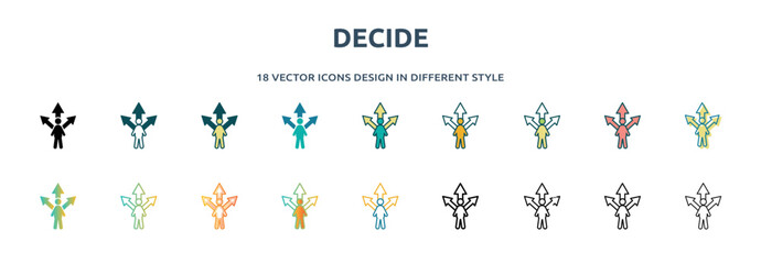Poster - decide icon in 18 different styles such as thin line, thick line, two color, glyph, colorful, lineal color, detailed, stroke and gradient. set of decide vector for web, mobile, ui