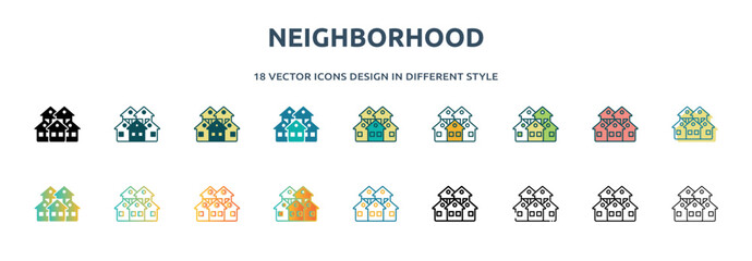 Poster - neighborhood icon in 18 different styles such as thin line, thick line, two color, glyph, colorful, 