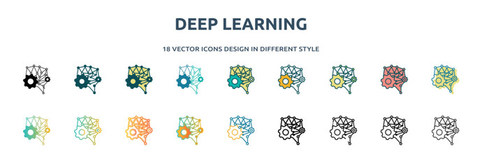 Poster - deep learning icon in 18 different styles such as thin line, thick line, two color, glyph, colorful, lineal color, detailed, stroke and gradient. set of deep learning vector for web, mobile, ui