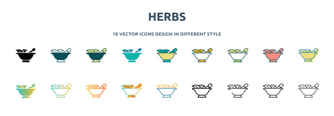 Poster - herbs icon in 18 different styles such as thin line, thick line, two color, glyph, colorful, lineal color, detailed, stroke and gradient. set of herbs vector for web, mobile, ui