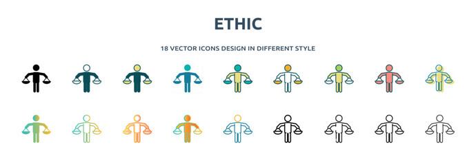 Poster - ethic icon in 18 different styles such as thin line, thick line, two color, glyph, colorful, lineal color, detailed, stroke and gradient. set of ethic vector for web, mobile, ui