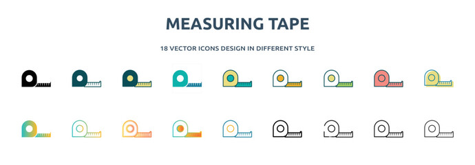 measuring tape icon in 18 different styles such as thin line, thick line, two color, glyph, colorful, lineal color, detailed, stroke and gradient. set of measuring tape vector for web, mobile, ui