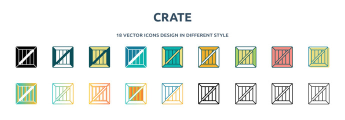 Poster - crate icon in 18 different styles such as thin line, thick line, two color, glyph, colorful, lineal color, detailed, stroke and gradient. set of crate vector for web, mobile, ui