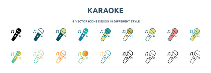 Poster - karaoke icon in 18 different styles such as thin line, thick line, two color, glyph, colorful, lineal color, detailed, stroke and gradient. set of karaoke vector for web, mobile, ui