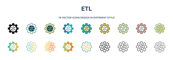 Poster - etl icon in 18 different styles such as thin line, thick line, two color, glyph, colorful, lineal color, detailed, stroke and gradient. set of etl vector for web, mobile, ui
