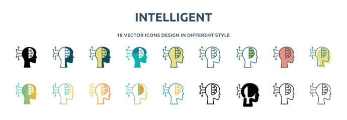 Poster - intelligent icon in 18 different styles such as thin line, thick line, two color, glyph, colorful, lineal color, detailed, stroke and gradient. set of intelligent vector for web, mobile, ui