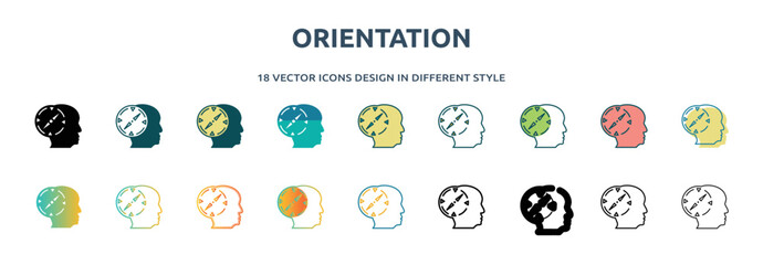 Poster - orientation icon in 18 different styles such as thin line, thick line, two color, glyph, colorful, lineal color, detailed, stroke and gradient. set of orientation vector for web, mobile, ui