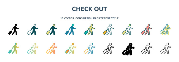 Poster - check out icon in 18 different styles such as thin line, thick line, two color, glyph, colorful, lineal color, detailed, stroke and gradient. set of check out vector for web, mobile, ui