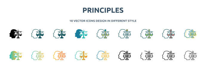 Poster - principles icon in 18 different styles such as thin line, thick line, two color, glyph, colorful, lineal color, detailed, stroke and gradient. set of principles vector for web, mobile, ui