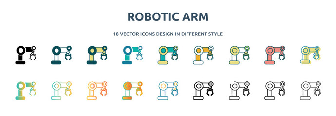 Poster - robotic arm icon in 18 different styles such as thin line, thick line, two color, glyph, colorful, lineal color, detailed, stroke and gradient. set of robotic arm vector for web, mobile, ui