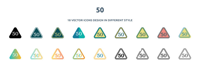 50 icon in 18 different styles such as thin line, thick line, two color, glyph, colorful, lineal color, detailed, stroke and gradient. set of 50 vector for web, mobile, ui