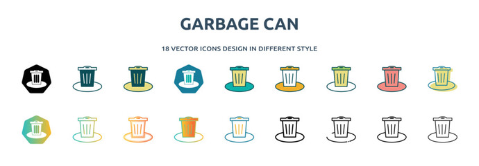Poster - garbage can icon in 18 different styles such as thin line, thick line, two color, glyph, colorful, lineal color, detailed, stroke and gradient. set of garbage can vector for web, mobile, ui