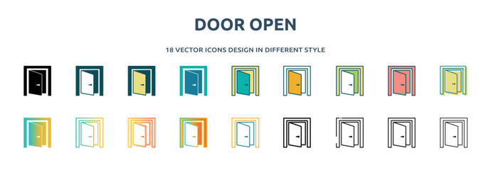 Poster - door open icon in 18 different styles such as thin line, thick line, two color, glyph, colorful, lineal color, detailed, stroke and gradient. set of door open vector for web, mobile, ui