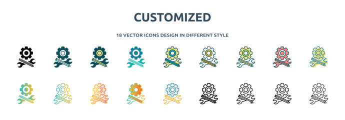 customized icon in 18 different styles such as thin line, thick line, two color, glyph, colorful, lineal color, detailed, stroke and gradient. set of customized vector for web, mobile, ui