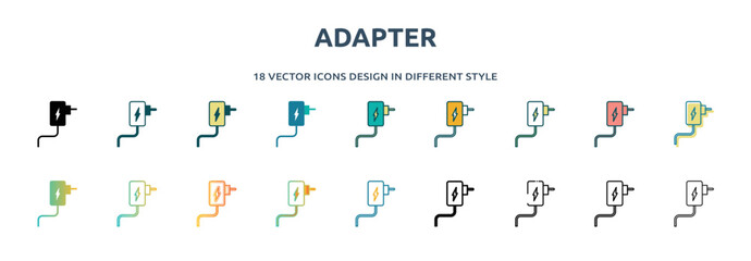Poster - adapter icon in 18 different styles such as thin line, thick line, two color, glyph, colorful, lineal color, detailed, stroke and gradient. set of adapter vector for web, mobile, ui
