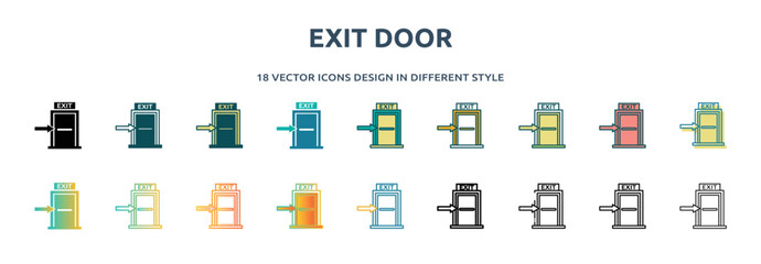 Poster - exit door icon in 18 different styles such as thin line, thick line, two color, glyph, colorful, lineal color, detailed, stroke and gradient. set of exit door vector for web, mobile, ui
