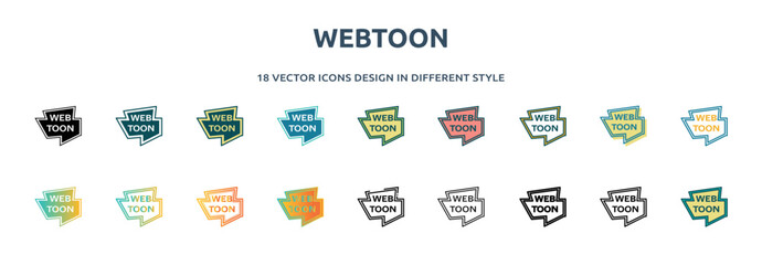 webtoon icon in 18 different styles such as thin line, thick line, two color, glyph, colorful, lineal color, detailed, stroke and gradient. set of webtoon vector for web, mobile, ui