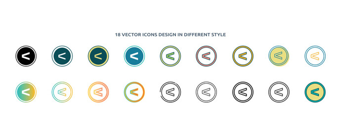 Poster - < icon in 18 different styles such as thin line, thick line, two color, glyph, colorful, lineal color, detailed, stroke and gradient. set of < vector for web, mobile, ui