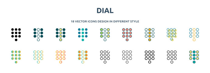 Poster - dial icon in 18 different styles such as thin line, thick line, two color, glyph, colorful, lineal color, detailed, stroke and gradient. set of dial vector for web, mobile, ui