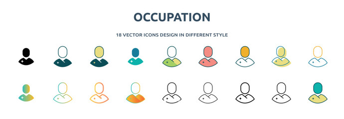 Poster - occupation icon in 18 different styles such as thin line, thick line, two color, glyph, colorful, lineal color, detailed, stroke and gradient. set of occupation vector for web, mobile, ui