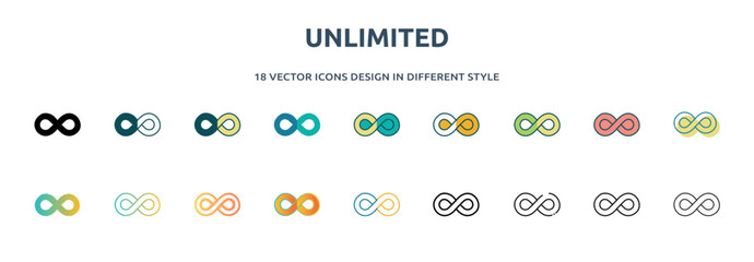 Poster - unlimited icon in 18 different styles such as thin line, thick line, two color, glyph, colorful, lineal color, detailed, stroke and gradient. set of unlimited vector for web, mobile, ui