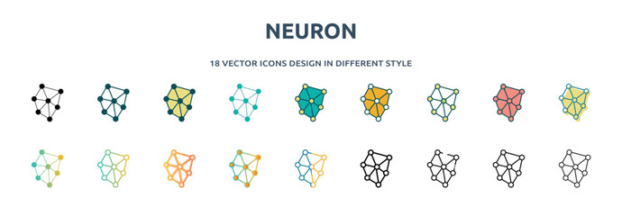 Poster - neuron icon in 18 different styles such as thin line, thick line, two color, glyph, colorful, lineal color, detailed, stroke and gradient. set of neuron vector for web, mobile, ui