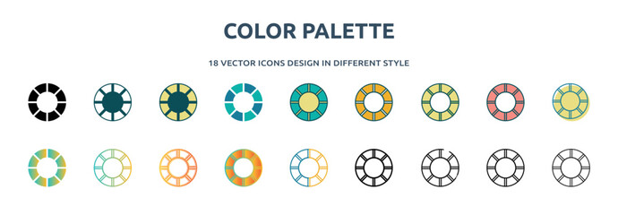 Poster - color palette icon in 18 different styles such as thin line, thick line, two color, glyph, colorful, lineal color, detailed, stroke and gradient. set of palette vector for web, mobile, ui