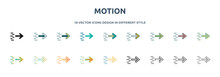 Motion Icon In 18 Different Styles Such As Thin Line, Thick Line, Two Color, Glyph, Colorful, Lineal Color, Detailed, Stroke And Gradient. Set Of Motion Vector For Web, Mobile, Ui