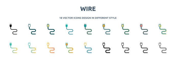 Poster - wire icon in 18 different styles such as thin line, thick line, two color, glyph, colorful, lineal color, detailed, stroke and gradient. set of wire vector for web, mobile, ui