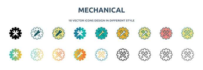 Poster - mechanical icon in 18 different styles such as thin line, thick line, two color, glyph, colorful, lineal color, detailed, stroke and gradient. set of mechanical vector for web, mobile, ui