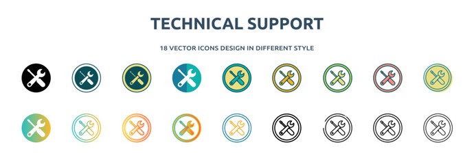 Poster - technical support icon in 18 different styles such as thin line, thick line, two color, glyph, colorful, lineal color, detailed, stroke and gradient. set of technical support vector for web, mobile,