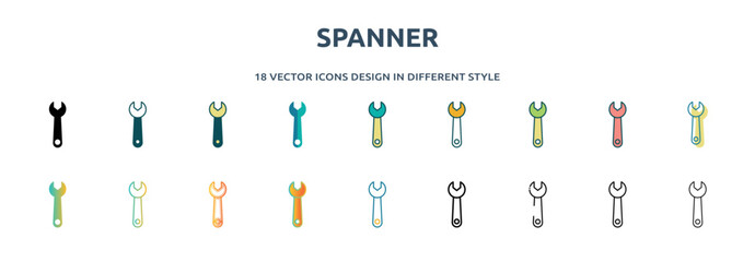 Poster - spanner icon in 18 different styles such as thin line, thick line, two color, glyph, colorful, lineal color, detailed, stroke and gradient. set of spanner vector for web, mobile, ui