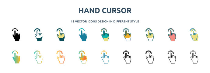 Poster - hand cursor icon in 18 different styles such as thin line, thick line, two color, glyph, colorful, lineal color, detailed, stroke and gradient. set of hand cursor vector for web, mobile, ui