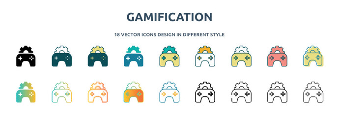 Wall Mural - gamification icon in 18 different styles such as thin line, thick line, two color, glyph, colorful, lineal color, detailed, stroke and gradient. set of gamification vector for web, mobile, ui