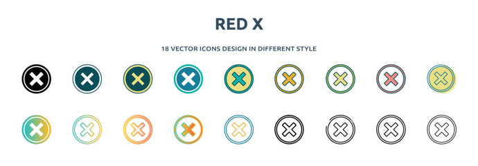Poster - red x icon in 18 different styles such as thin line, thick line, two color, glyph, colorful, lineal color, detailed, stroke and gradient. set of red x vector for web, mobile, ui