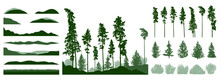 Design Elements Of Forest Trees. Constructor Of Landscape. Silhouettes Of Beautiful Spruce Trees, Pine, Bush, Grass, Hill. Creation Of Beautiful Forest  Or Park. Vector Illustration