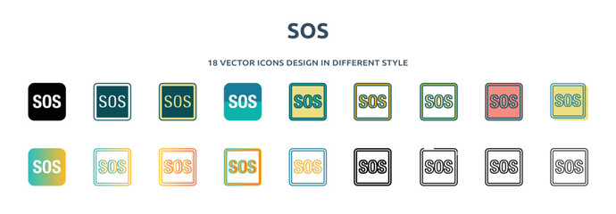 Poster - sos icon in 18 different styles such as thin line, thick line, two color, glyph, colorful, lineal color, detailed, stroke and gradient. set of sos vector for web, mobile, ui
