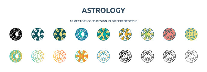 astrology icon in 18 different styles such as thin line, thick line, two color, glyph, colorful, lineal color, detailed, stroke and gradient. set of astrology vector for web, mobile, ui