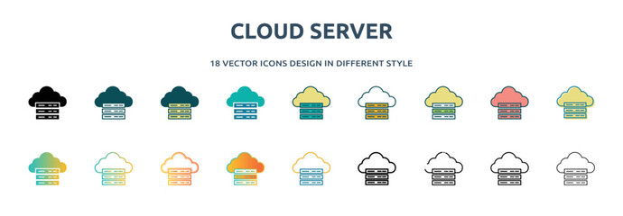 Poster - cloud server icon in 18 different styles such as thin line, thick line, two color, glyph, colorful, 